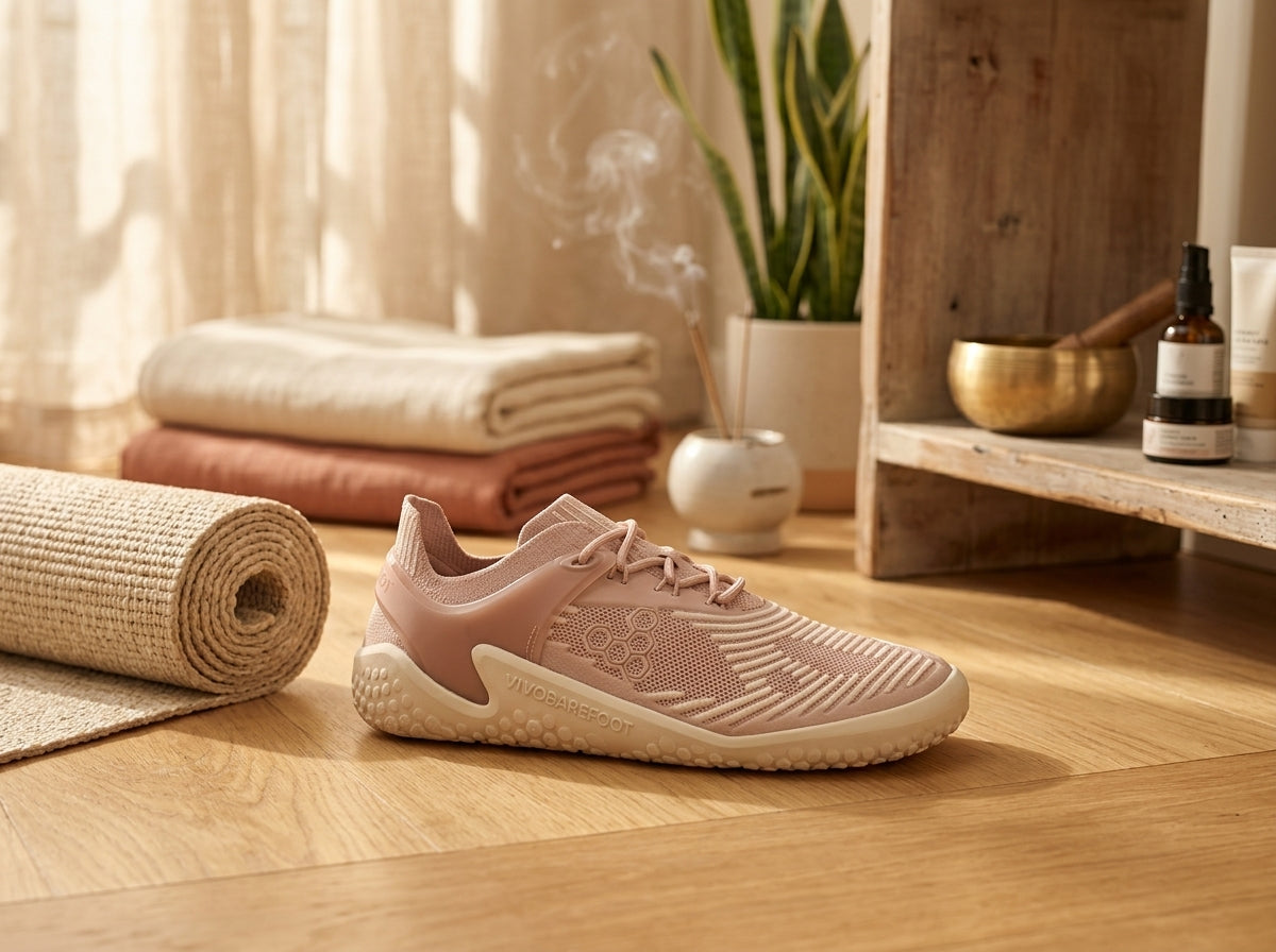 Vivobarefoot Motus Strength II Sepia Rose lifestyle in yoga studio